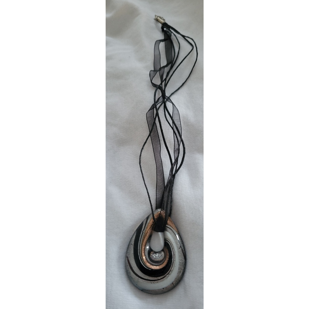 Murano Style Art Glass Swirl Pendant Necklace Black cord w/Ribbon Cord